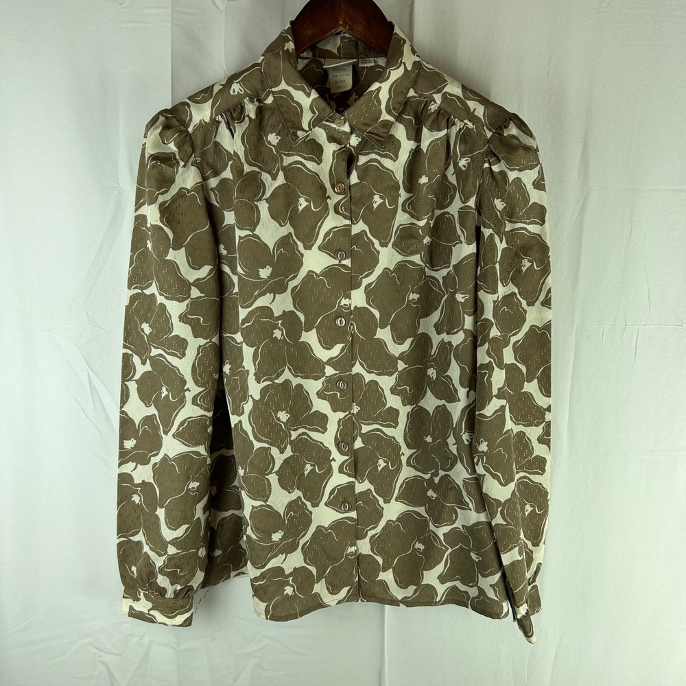 VTG‎ Pykettes Womens Size 12 Brown Floral Button Up Blouse Shirt Polyester